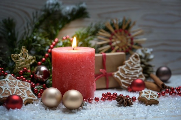 close-up of christmas decorations on table
