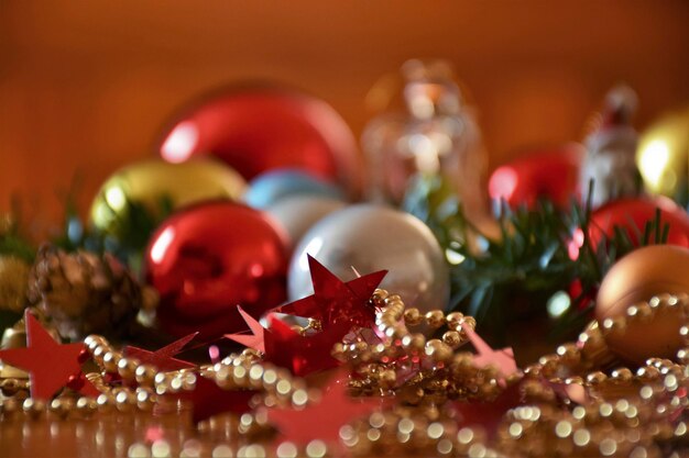 Close-up of christmas decorations on table