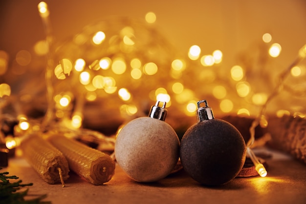 Close up christmas decorations on table