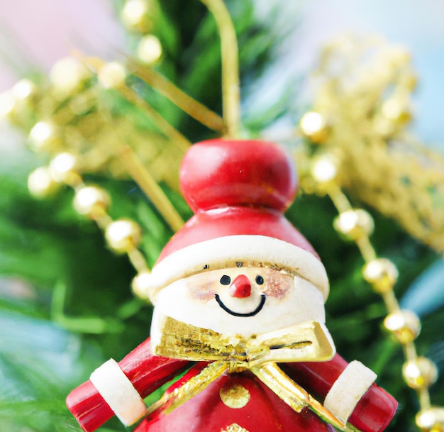 Photo close up of christmas decorations with snowman on blurred background