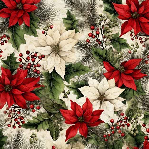 A close up of a christmas fabric with poinsettis and holly generative ai