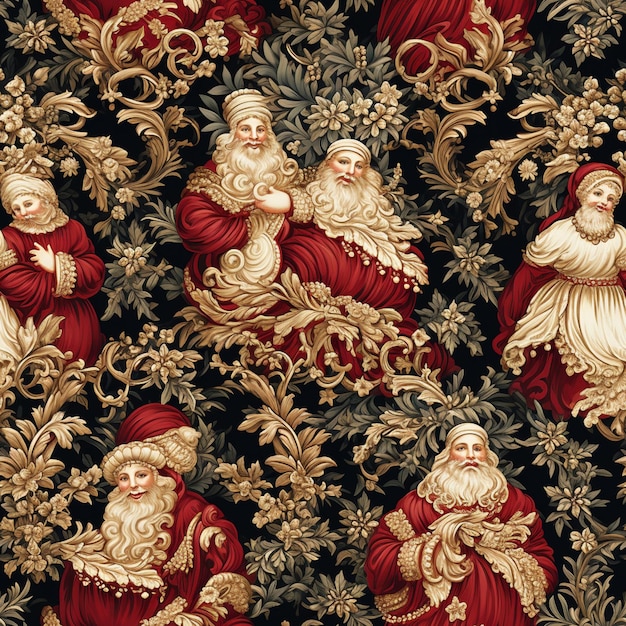 Крупный план рождественской ткани с Санта-Клаусами и другими украшениями, генеративный ИИ