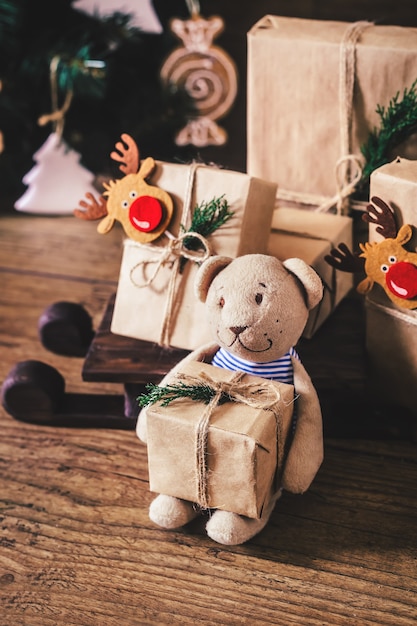 Close up christmas gifts on table