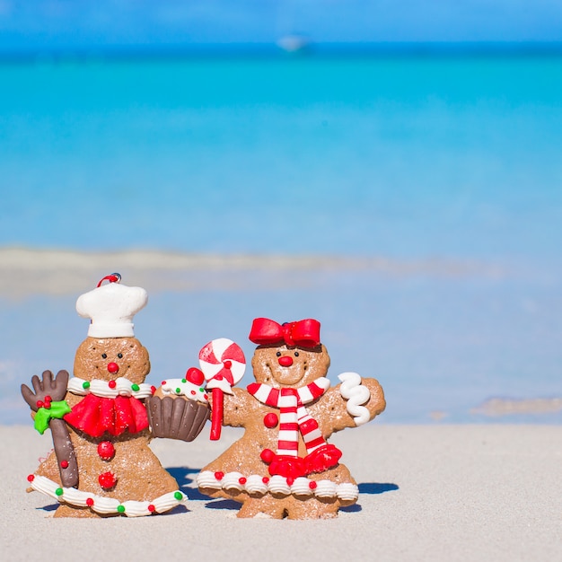 Close up of Christmas gingerbread cookies on a white sandy beach