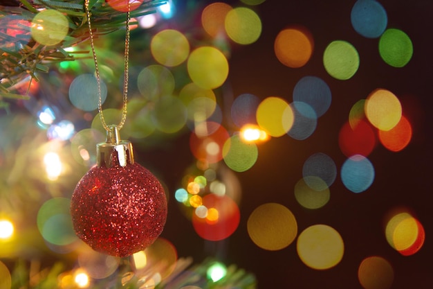 Photo close-up of christmas lights hanging on tree