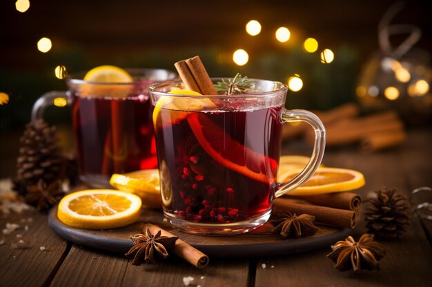 Close up of Christmas mulled red wine adorned with spices and citrus fruits