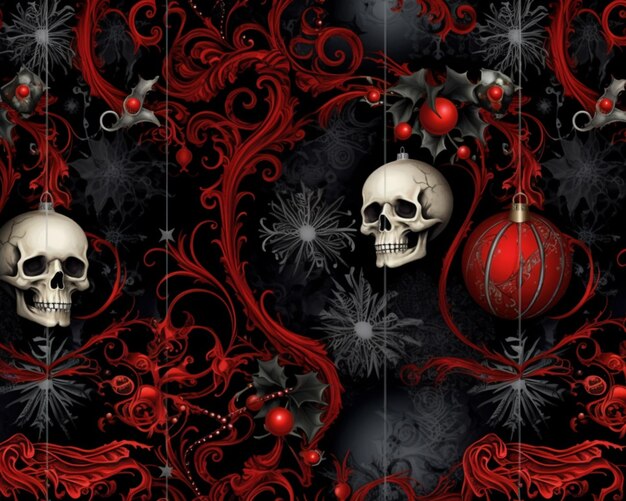 Photo a close up of a christmas ornament with skulls and ornaments generative ai