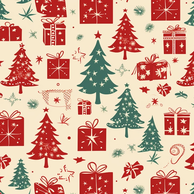 a close up of a christmas pattern with presents and trees generative ai