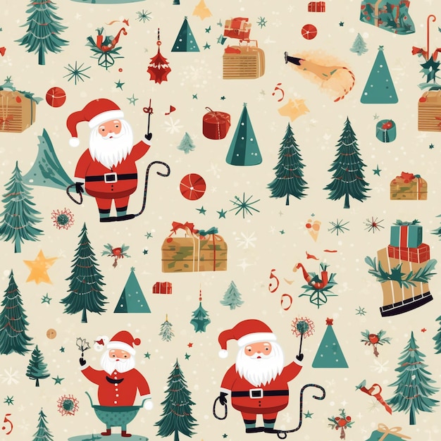 A close up of a christmas pattern with santa claus and presents generative ai