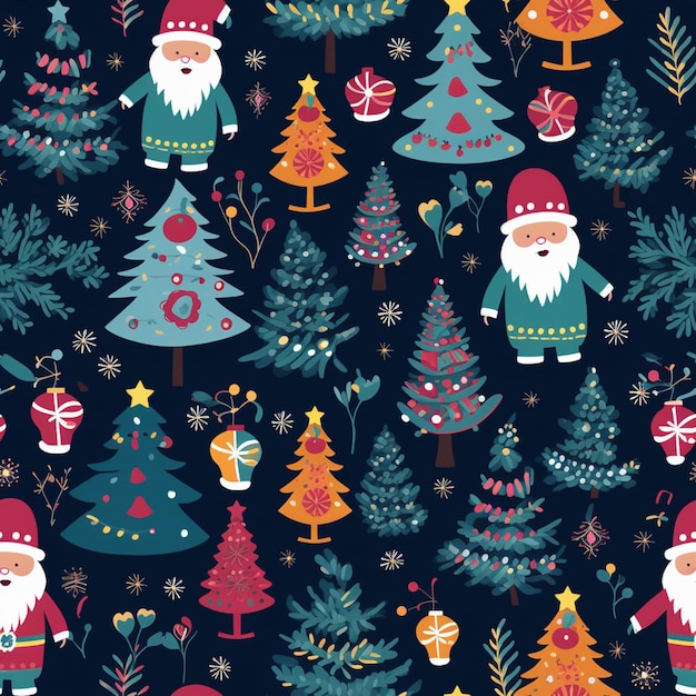 A close up of a christmas pattern with santa claus and trees generative ai