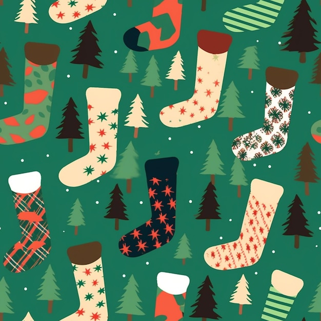 A close up of a christmas pattern with stockings and trees generative ai