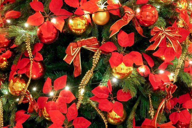 Close Up Christmas red and gold decorations on the Christmas tree