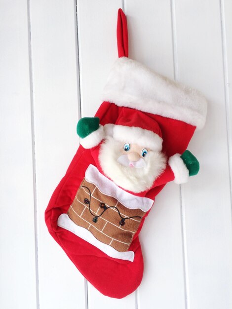 Photo close-up of christmas stocking hanging on wall