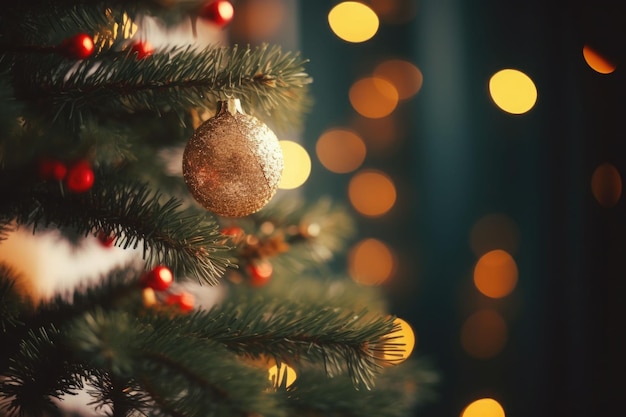 Close up of a christmas tree branch Christmas lighting decorations blurry in background AI generated illustration