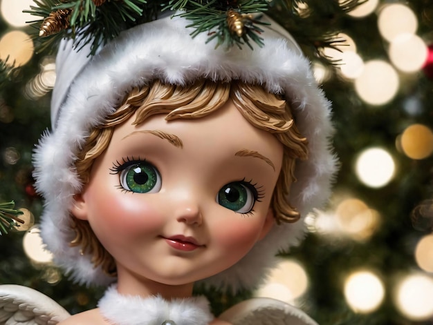 Крупным планом рождественская елка с куклой