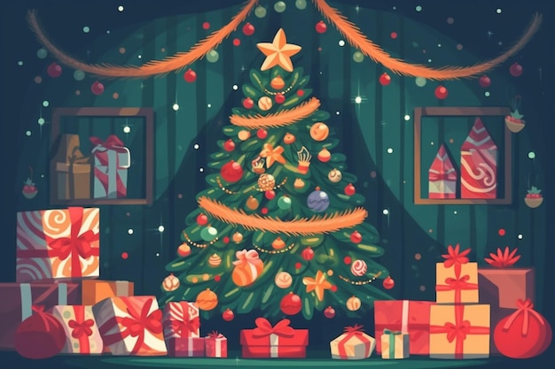 a close up of a christmas tree with presents on a table generative ai