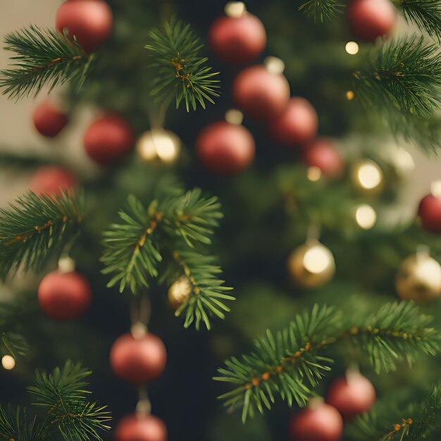 Близкий взгляд на рождественскую елку с красной кубкой и золотым шаром