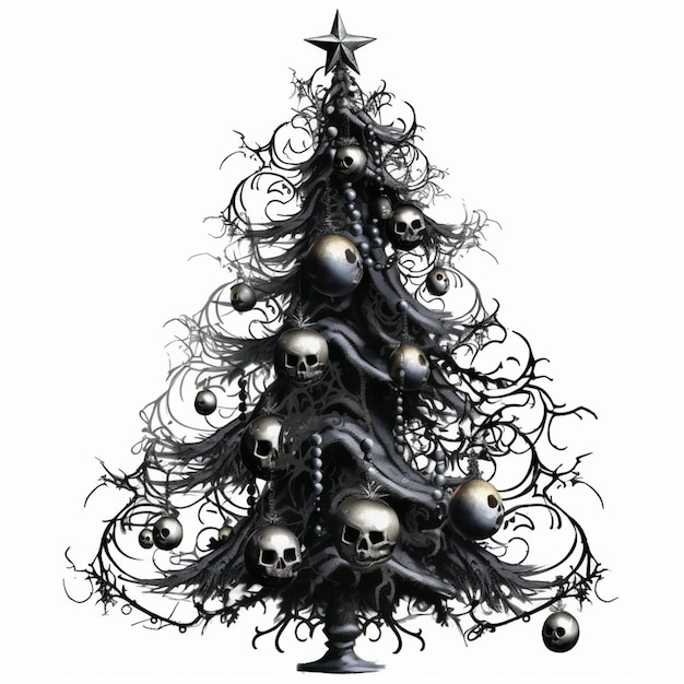 Photo a close up of a christmas tree with skulls and ornaments generative ai