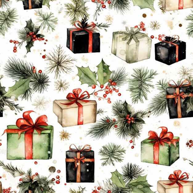 a close up of a christmas wrapping with presents and holly leaves generative ai