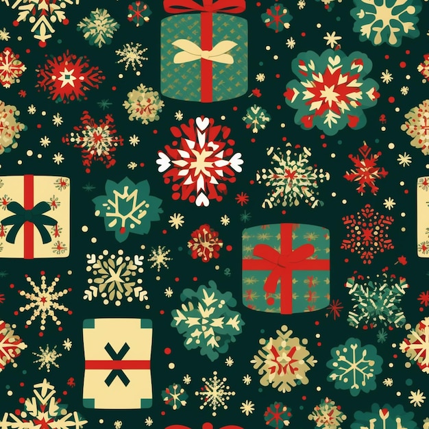 A close up of a christmas wrapping with presents and snowflakes generative ai