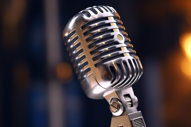 Photo close up of a chrome condenser microphone on stag