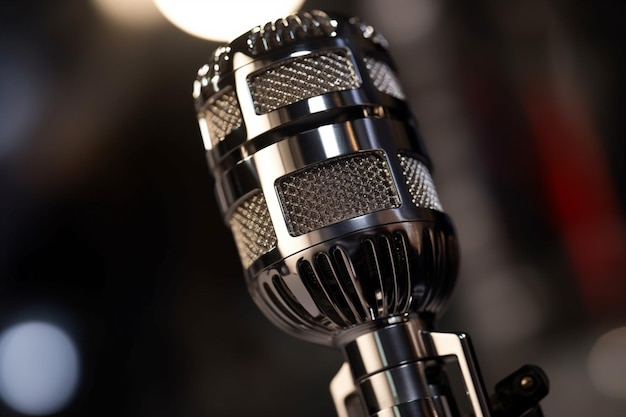 Photo close up of a chrome condenser microphone on stag