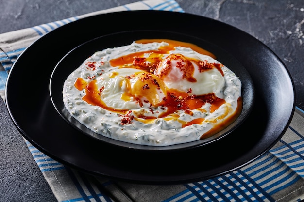 Photo close-up of cilbir, poached eggs in yogurt sauce topped with spicy frothed butter served on black plates with golden cutlery