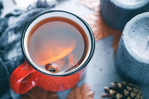 Close-up of cinnamon and lemon slice in black tea