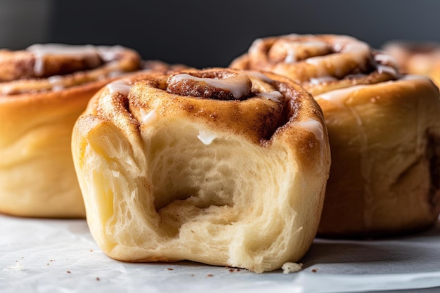 A close up of a cinnamon roll with the inside of it