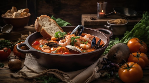 Close up Cioppino soup with clam meat on a black plate and blur background