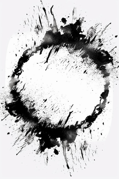 A close up of a circle of ink splatters on a white background generative ai
