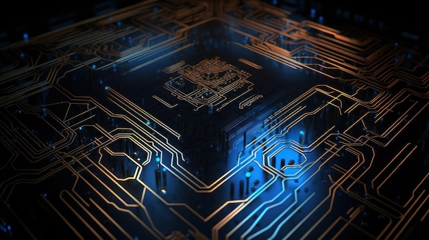 A close up of a circuit board with a blue background.