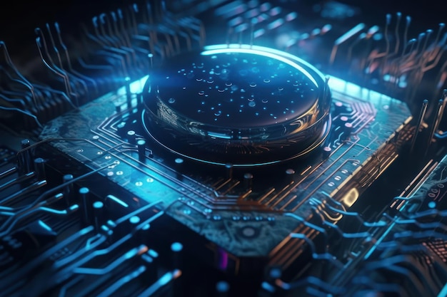 A close up of a circuit board with a blue light that says'electronic '