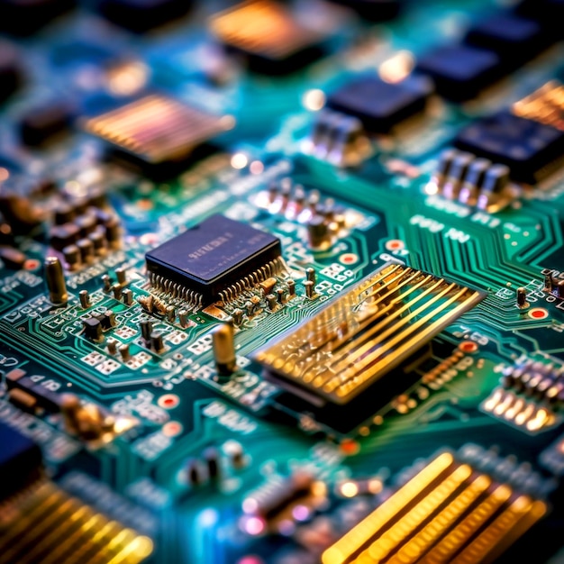 A close up of a circuit board with a circuit board that says'electronics'on it
