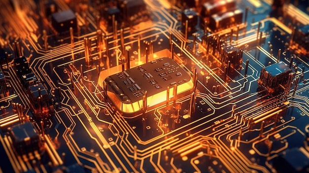 A close up of a circuit board with a gold and black circuit board.