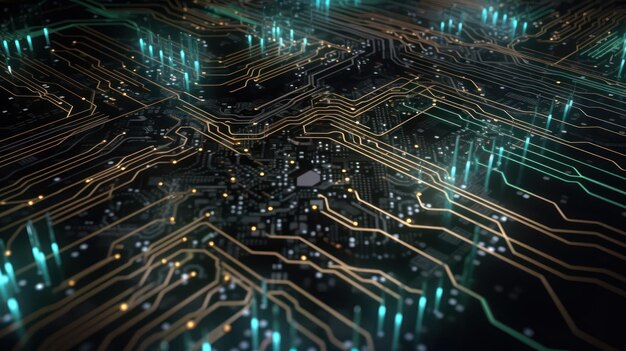 A close up of a circuit board with a green and blue background.