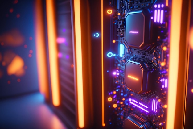 A close up of a circuit board with neon lights