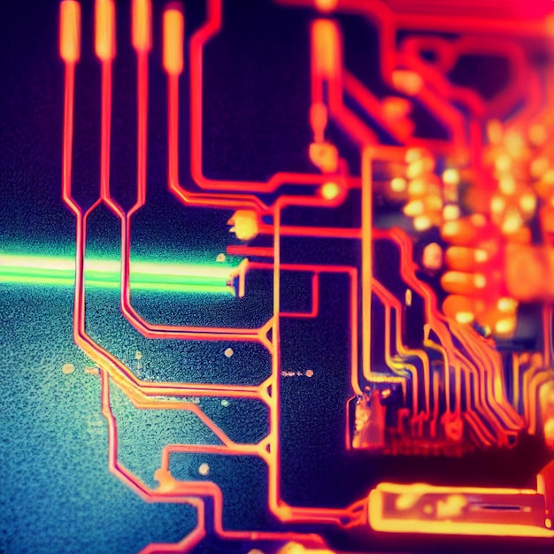 A close up of a circuit board with neon lines on it