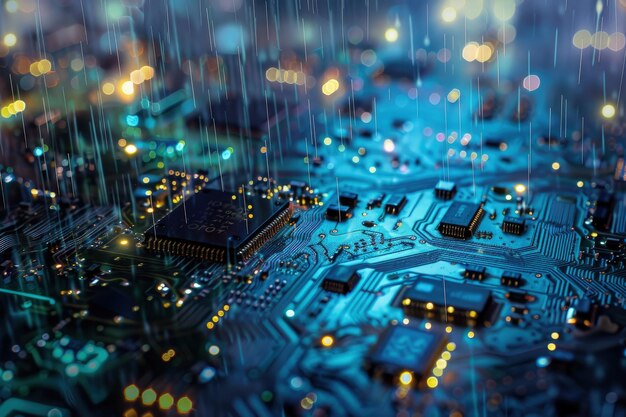 雨が降っている回路板のクローズアップ