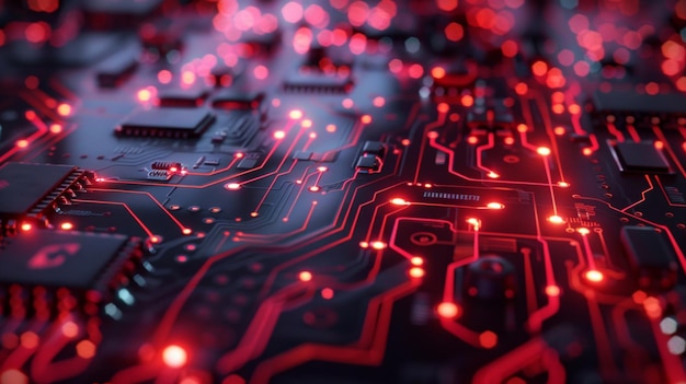 A close up of a circuit board with red lights