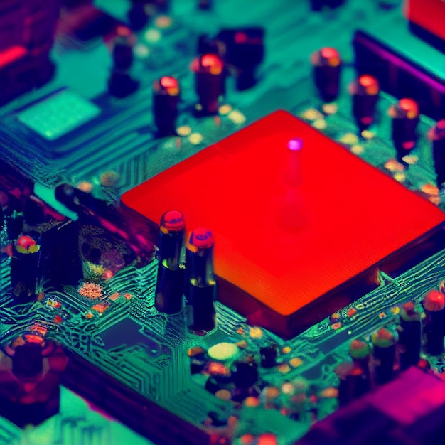 A close up of a circuit board with a red square on it.