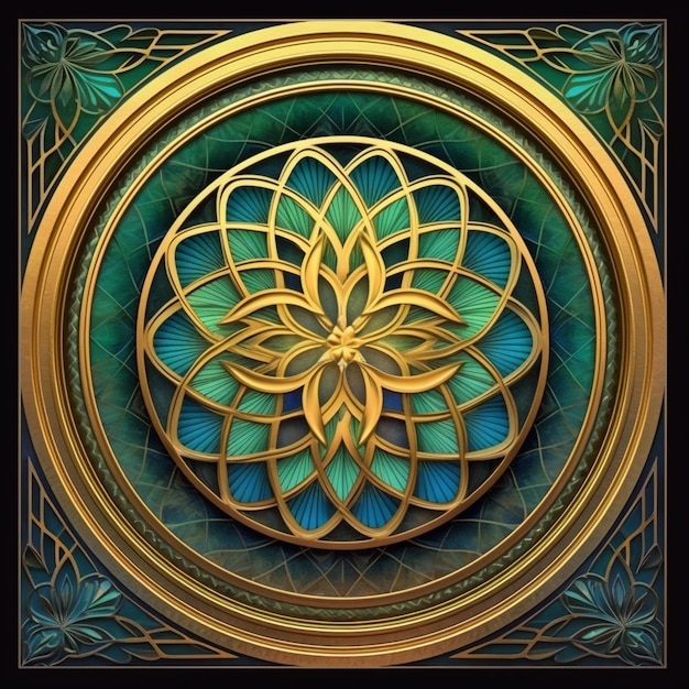 a close up of a circular artwork with a gold flower generative ai