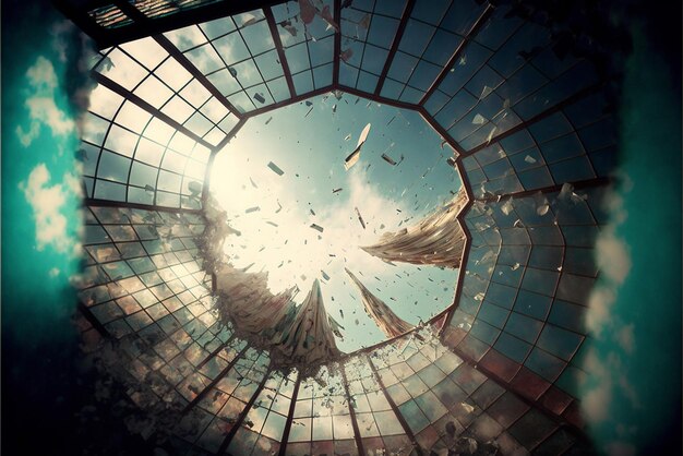 Close up of circular glass window with sky view building generative ai