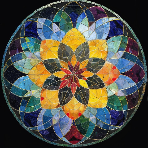 Photo a close up of a circular stained glass artwork with a flower generative ai