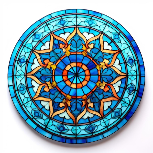 A close up of a circular stained glass plate with a flower design generative ai