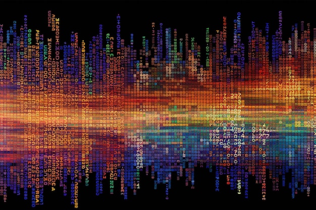 さまざまな色の線が生成された都市のスカイラインの接写 AI