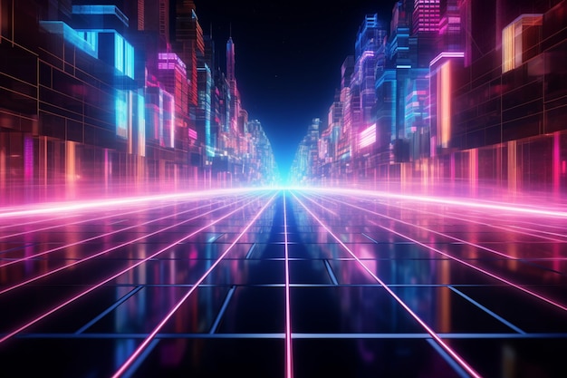 A close up of a city street with neon lights and a neon grid generative ai
