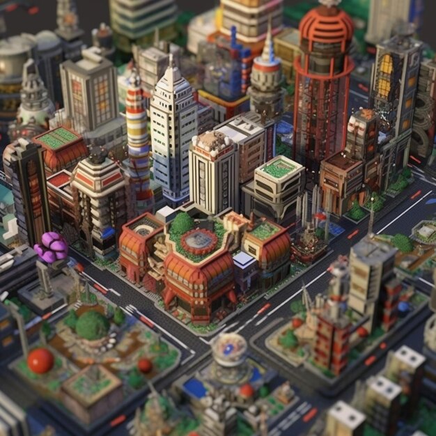 Photo a close up of a city with a lot of buildings and a lot of trees generative ai