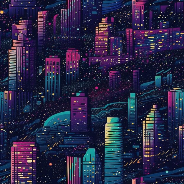 A close up of a city with many buildings and lights generative ai