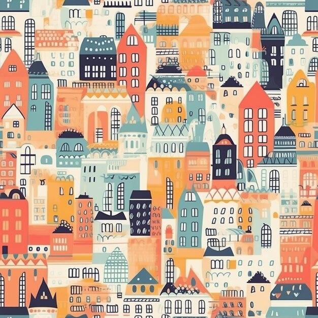 さまざまな色の建物が立ち並ぶ都市のクローズアップ生成AI